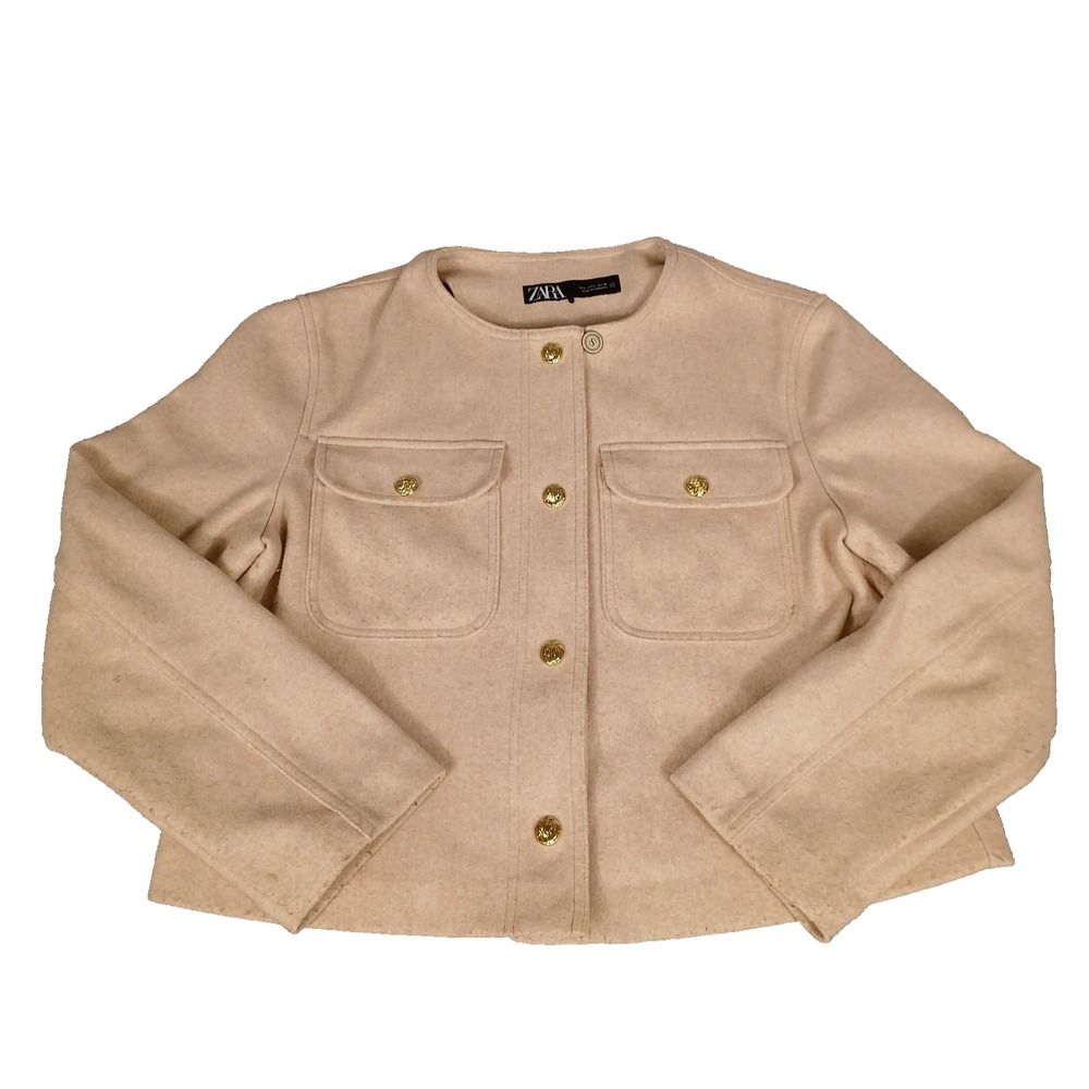 Zara Light Pink Wool-Blend Cropped Women's L Jacket With Gold Button Closure